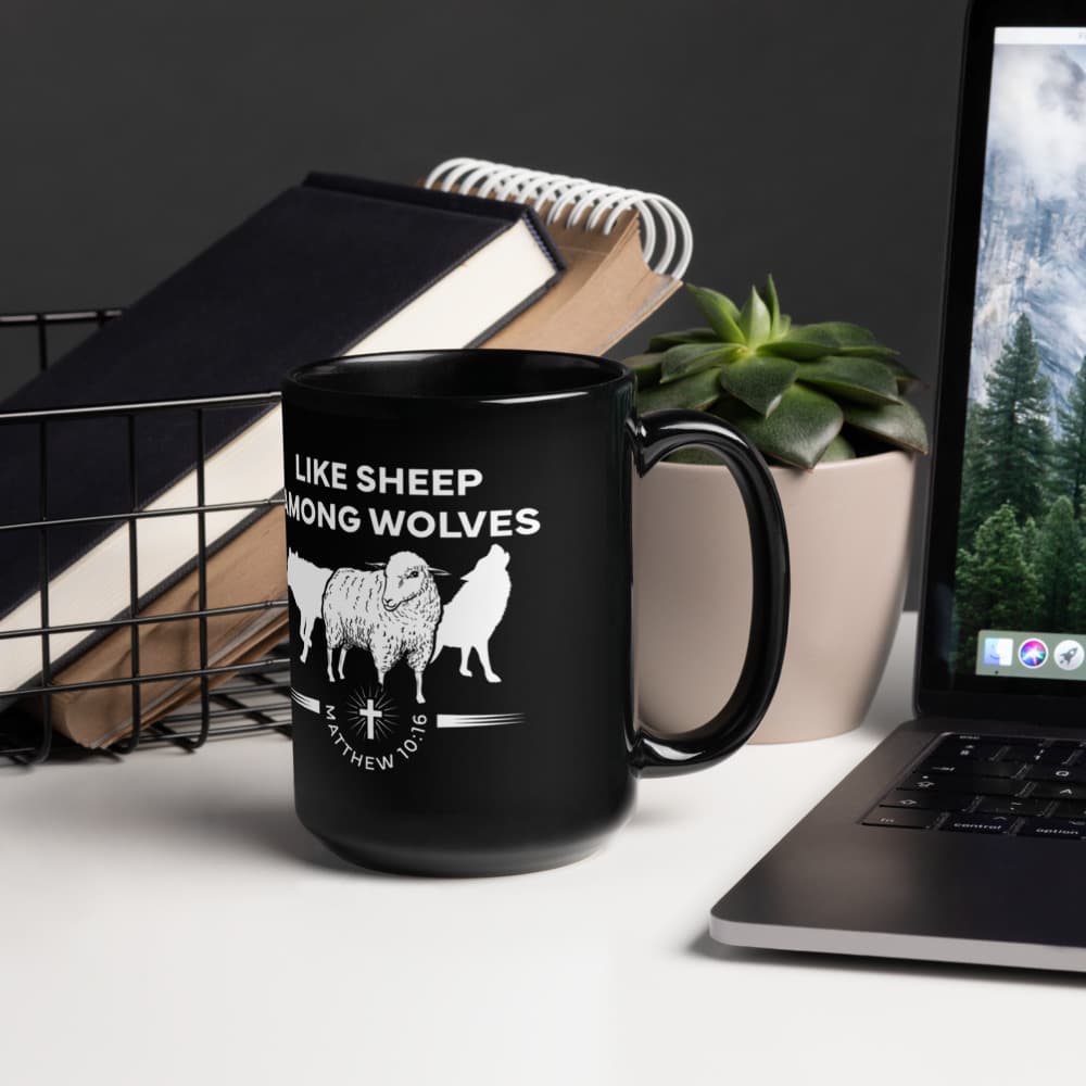 Black Glossy Mug with Sheep and Logo